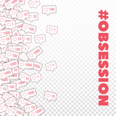 Social media icons. Social media obsession concept. Falling pink like counter. Scatter left gradient