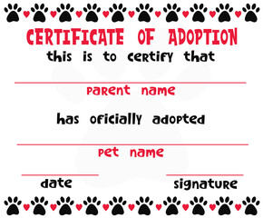 Pet adoption certificate vector template design. Cat or dog paw border frame with hearts. Printable page for pet shelter, pet shops, vets.