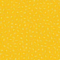 International currencies coins seamless pattern. Bewitching scattered Global coins. Big win or succe