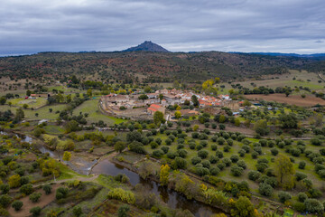 Fototapeta na wymiar Drone aerial view of Idanha a velha historic village and landscape with Monsanto on the background, in Portugal