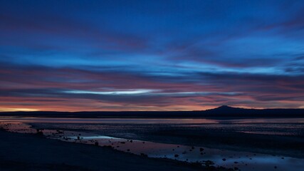 Sunset with amazing colorful sky Chaxa Lake Atacama Desert Chile