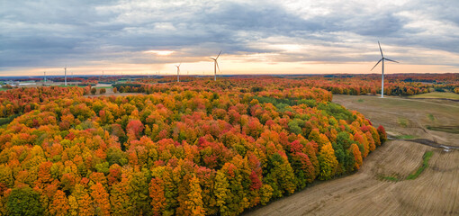 Autumn sunrise with wind turbines in central Michigan farmland near Cadillac Michigan