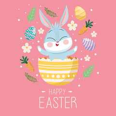 happy easter lettering card with cute rabbit in egg painted