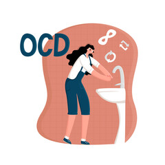 Vector flat isolated illustration young woman washing her hands. Symbols repetition and infinity are shown on top. Concept obsessive-compulsive disorder or OCD, mental illness.