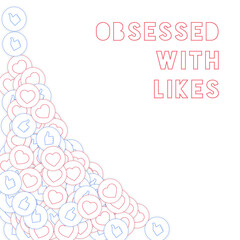 Social media icons. Obsessed with likes concept. Falling scattered thumbs up hearts. Bottom left cor