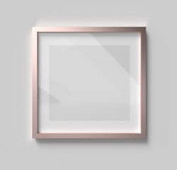 3D Render mockup of one square rose gold empty frame with white paper border inside and gray space on bright gray wall. Border template creative project concept with sunlight