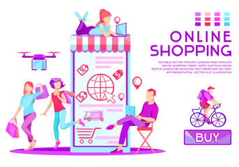 Landing Page. Online Shopping concept. Happy Cartoon Young people Character Rejoicing Fast Order and Delivery. App Presentation. Vector Flat  UI Illustration.