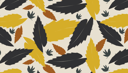 Seamless pattern, black and yellow leaves on a light gray background with birds.