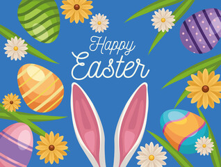 happy easter lettering card with ears rabbit and eggs painted in garden
