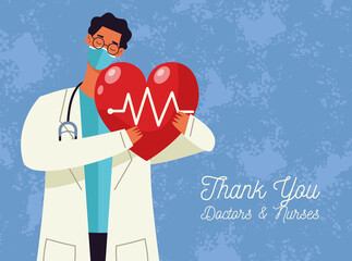 thank you doctors and nurses lettering with doctor male lifting heart cardio