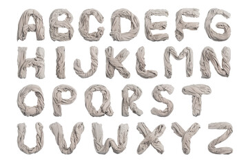 Alphabet made of beige fabric on a white background. Isolated.