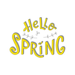 Hello spring handwritten sign, font in illuminating and ultimate gray colors trend 2021. Vector stock illustration isolated on white background. EPS10
