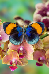 Callithea sapphira on grouping of orchids.