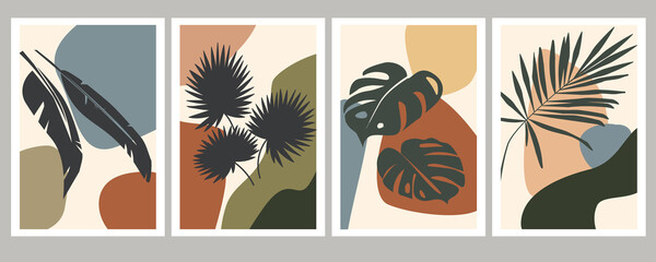 Abstract art of tropical leaves on a background of various simple shapes. Botanical natural compositions for posters, postcards, banners, paintings on the wall. Vector graphics
