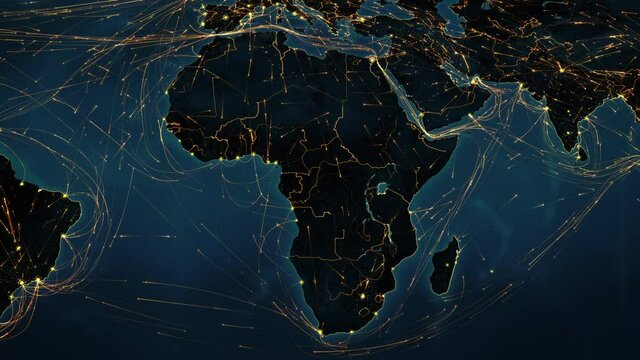 
 African map with yellow lines. Animation of the Earth with bright connections representing aerial, maritime, ground routes and country borders.