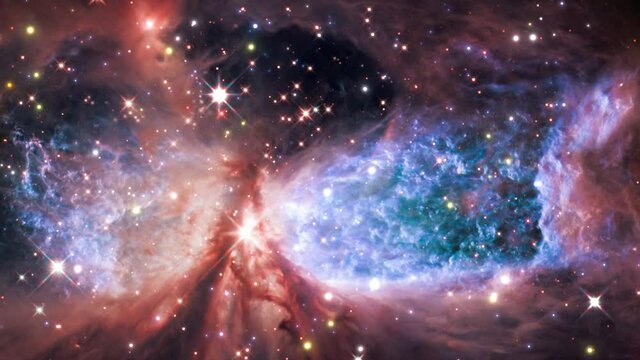 The bipolar star-forming region called Sharpless 2-106. Space Flight to star field Galaxy and Nebulae deep space exploration. 4K 3D Flight to Sh2-106 or S106. Furnished by NASA Hubble Telescope image.