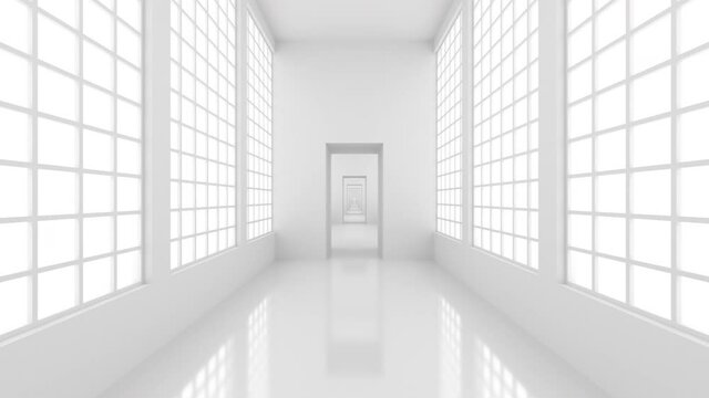 Futuristic empty white corridor with bright light. Seamless looping animation