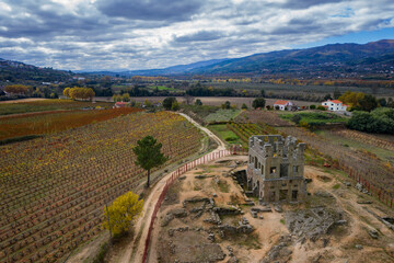 Centum Cellas mysterious ancient tower drone aerial view in Belmonte, Portugal