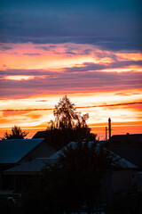Very beautiful landscape of the evening sky with clouds, sunset. Blue, orange sky.