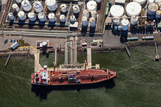 Aerial view of a fuel tanker being re-filled and docked at West Melbourne in Melbourne, Victoria, Australia.