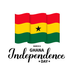 Ghana independence Day lettering with flag isolated on white. Ghanaian holiday celebrated on March 6. Vector template for typography poster, banner, greeting card, flyer, etc