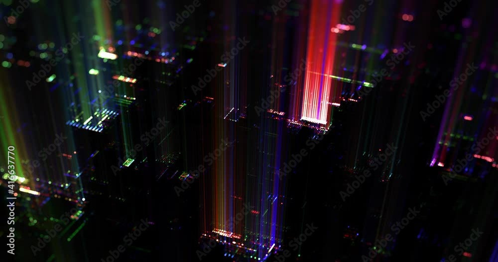 Poster looped abstract tech lights. computers, data center or server racks full of blinking led lights. dig