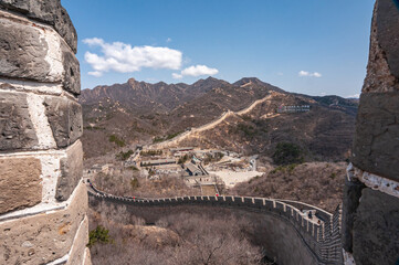 Beijing, China - April 28, 2010: Great Wall of China. Looking over wall upon long stretch of it...