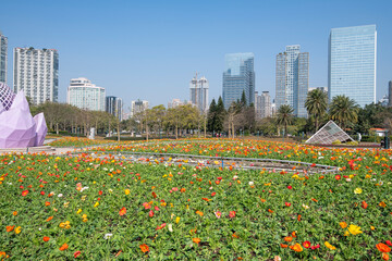 Flower beds in Pearl River new town and park, Guangzhou, China