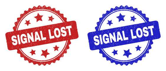 Rosette SIGNAL LOST watermarks. Flat vector grunge watermarks with SIGNAL LOST message inside rosette with stars, in blue and red color variants. Watermarks with distress texture.