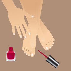 Manicure on female legs and hands with red nail polish on the broun background.  Raster realistic illustration.