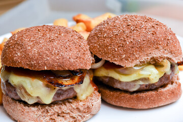 Cheese burger and fries with sauce on a white plate for a hot meal