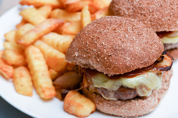 Cheese burger and fries with sauce on a white plate for a hot meal