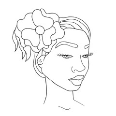 Abstract woman face one line drawing. Portrait minimalistic style. Modern abstract face black line on white isolated. Minimalism concept of african women face, long hear. Face line art drawing style
