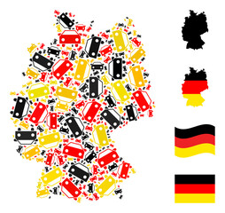 German map mosaic in German flag official colors - red, yellow, black. Vector car icons are combined into conceptual German map illustration. Patriotic collage combined of flat car elements.