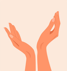 Beautiful Woman Hands gesture. Female hands with manicure. Two female hands reaching out for showing or holding somethings. Soft skin, hand skincare. Figure from female hands. flat vector illustration