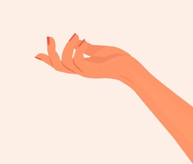 Red nail polish manicured hand. Side view of empty handful. Woman's hand stretching palm up. Cosmetic care for hands Female hand open palm for holding or showing something Vector illustration isolated