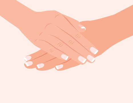Manicured hands. Female hands with french manicure. Closeup of hands of young woman with elegance manicure, two hands white nail polish. Vector illustration isolated on white background