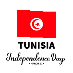 Tunisia Independence Day lettering with flag isolated on white. Holiday celebrated on March 20. Vector template for typography poster, greeting card, banner, flyer, etc