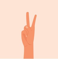 Hand showing two fingers vector illustration. Shows the number two with the fingers of the hand. Woman or man hand isolated white background. Fingers raised up. inside of the hand, flat modern design