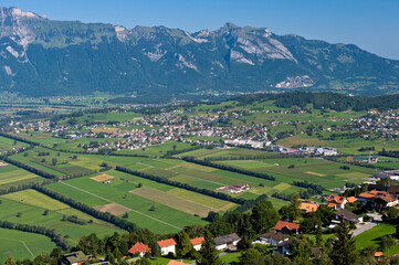 Fototapeta na wymiar View From Planken Across The Rhine Valley To The Alpstein Mountain Range, Principality Of Liechtenstein