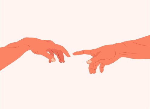 Reaching hands from The Creation of Adam of Michelangelo illustration reproduction isolated on white background. God and Adams hands. Touch of god. Spirituality Vector illustration on white background
