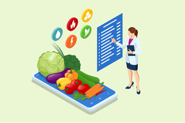 Isometric Healthy food and Diet planning concept. Healthy eating, personal diet or nutrition plan from dieting expert. Nutrition consulting, diet plan