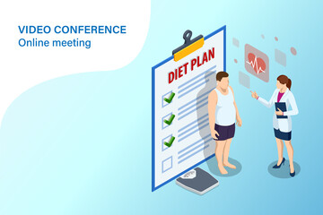 Isometric Healthy food and Diet planning concept. Healthy eating, personal diet or nutrition plan from dieting expert. Nutrition consulting, diet plan. Excess weight