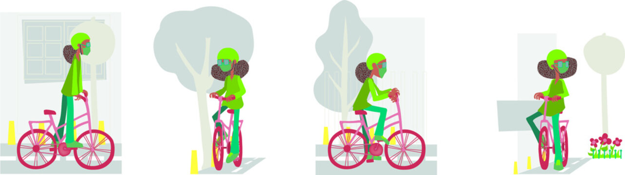 Mujer con casco, anteojos  y barbijo montando en bicicleta por la bicisenda