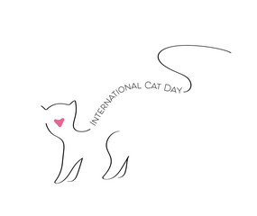 Line art cat illustration, linear drawing, cat figure designed with text International Cat Day