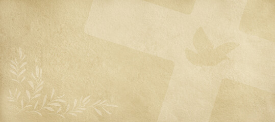 Religious beige background with cross dove and olive twigs