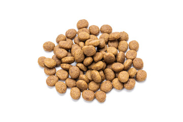 domestic animals dry food isolated on white background. dry cat feed cut out. above view