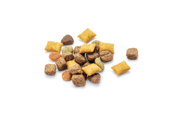 domestic animals dry food isolated on white background. dried cat feed cut out. above view