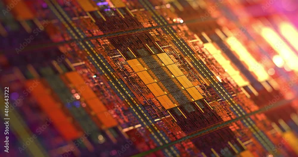 Poster computer cpu chip on silicon wafer. close up shot of electronic system with data processing. chip, a