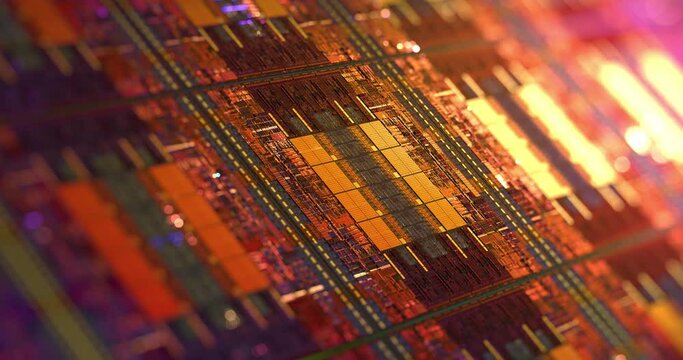 Computer CPU chip on silicon wafer. close up shot of electronic system with data processing.  Chip, AI calculating big data abstract. 3D rendering